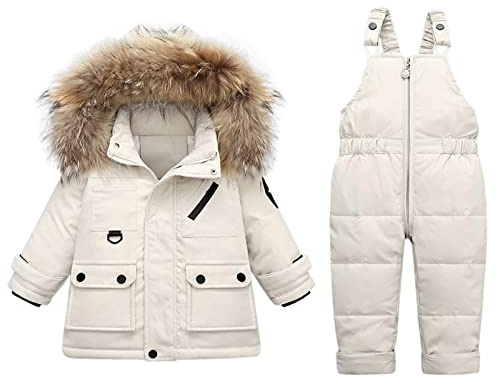 Generisch Set di tuta invernale per bambini, spesso e caldo, con cappuccio, piumino e tuta da neve, giacca trapuntata corta da donna, bianco, 18-24 mesi