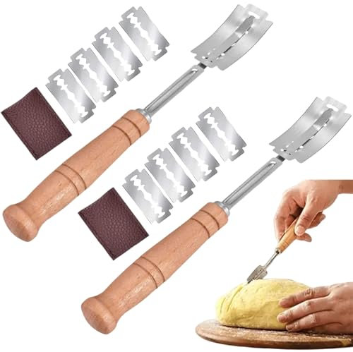 KLLJ Lame Boulanger en Acier Inoxydable, Couteau à Pain avec 10 Lames, Rasoir Bois pour Accessoire de Boulangerie