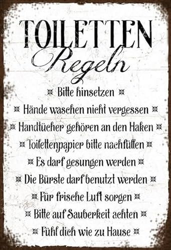 mrdeco Holzschild 12x18cm Toiletten Regeln im Sitzen WC Klo Vintage Holz Schild