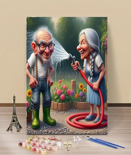 HOLXSW Malen Nach Zahlen Erwachsene Opa und Oma Garden Happy 3 DIY Handgemalt Ölgemälde Set für Anfänger und Erwachsene mit 3 Pinseln und Acrylfarbe zur Heimdekoration 40X50cm