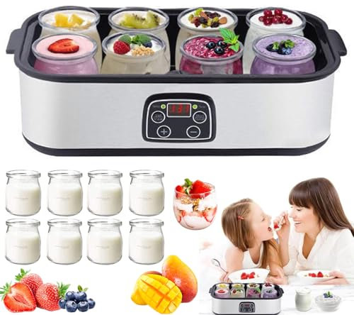 Yogurtera automática para el hogar, yogurtera eléctrica de 1.4 l con 8 Vasos de Vidrio, Temperatura Ajustable de 20-55 °C y Temporizador de 1-48 h, Pantalla LCD, Acero Inoxidable, para Yogur casero