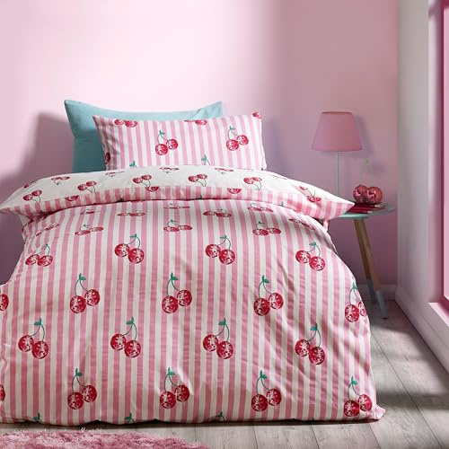Catherine Lansfield Juego de Funda de edredón Reversible con Funda de Almohada para Cama Individual, diseño de Cerezas y Disco, Color Rosa