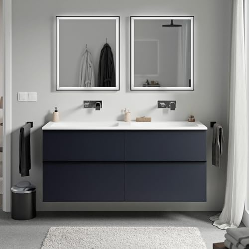 BERNSTEIN – Hängendes Badezimmer-Waschtischmöbel aus MDF Nachtblau matt, Mineralguss-Waschbecken Weiß matt ohne Hahnloch, Chrom-Metallgriff – 120x46x62cm – LAVOA