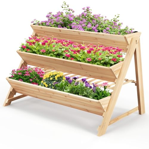 GOPLUS Huerto Urbano de 3 Niveles, Jardinera Elevada de Madera en Forma de A, Cama Elevada para Exteriores, 2 Ganchos Laterales, Forro de Tela no Tejida, para Flores, Verduras, Frutas