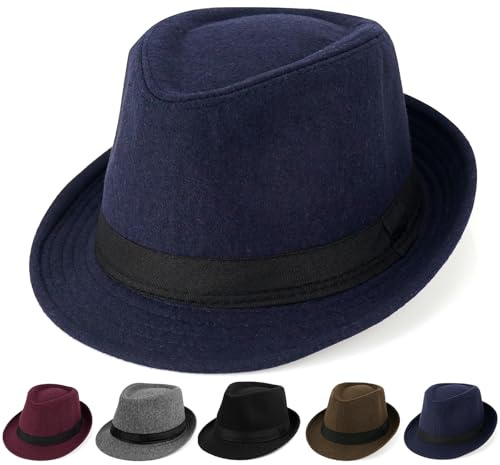Cappello Initlove da uomo Fedora in feltro classico Panama a tesa corta Trilby, Marina Militare, Taglia unica