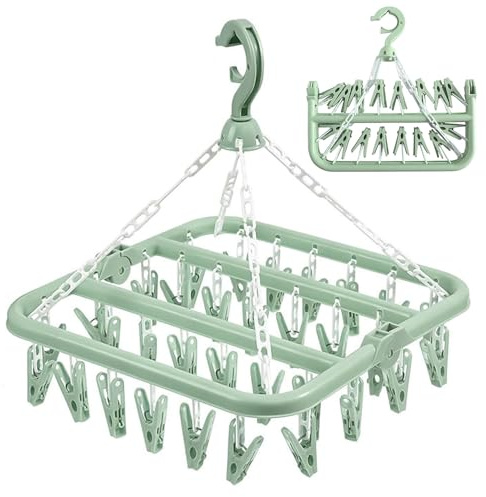 Clothes Drying Hanger with 32 Clips, Space-Saving Sock Hangers for Drying | Hanging Dryer for Hats, Shoe Insoles, Underwear, Baby Clothes(Nordic Green)
