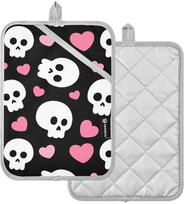 Presine per cucina Carino Halloween teschio bianco cuore presina per cucina con tasca guanti da forno confezione da 2