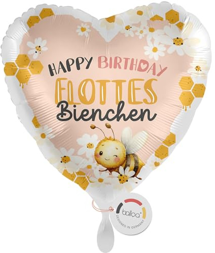 balloa Folienballon Flottes Bienchen, Herzballon Happy Birthday mit Bienen Motiv, Helium geeignet Luftballon, Geschenk zum Geburtstag, Partydeko für Kinder und Erwachsene, 33cm