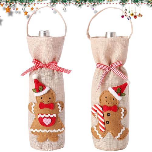 SOETDERT Vinväska jul, vinpåse för jute, flaskpåsar jul, vinflaskor presentpåsar pepparkaksgubbe, vinflaskfodral, flaskpåse dekoration för middagsfest bordsdekoration