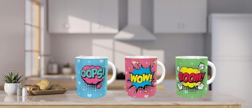 Genérico Set de 3 Tazas de Cerámica con Diseño Comic Pop Art, 350 ml, Apta para Microondas y Lavavajillas, Colores Azul, Rosa y Verde