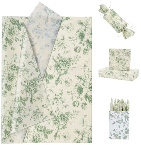 Larcenciel sidenpapper vintage blomma, grönt och gult silkespapper förpackningsmaterial för fyllnadsmaterial, ros pion presentpapper för födelsedagar bröllop årsdagar hantverk, 60 ark 50 x 35 cm