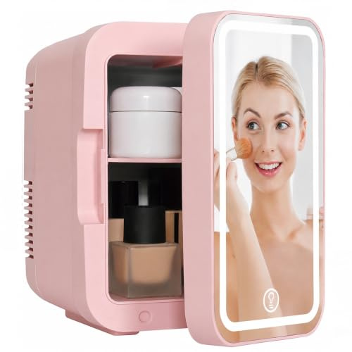 MoraRise 6L Skincare & Makeup Mini Fridge, Cooler & Warmer with LED Mirror | Portable Compact Desktop Small Beauty Fridge for Bedroom, Dressing Table & Office, AC/DC Mains (Pink)