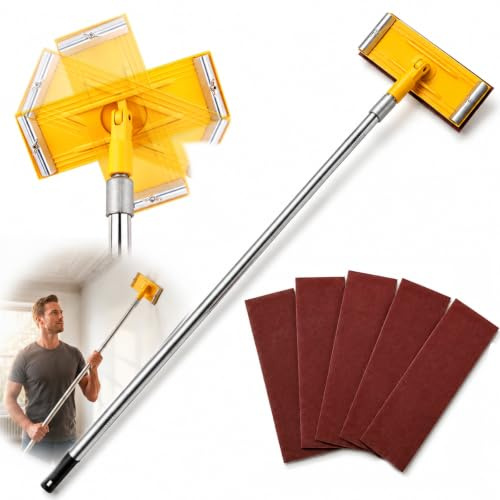 Pole Sander Set, 120cm Heavy Duty Swivel Extension Dry Wall Sander | 5 Pcs Sanding Sheets 240 Grit Pcs Floor Wall Ceiling Sanding Without Ladders Fast Productive