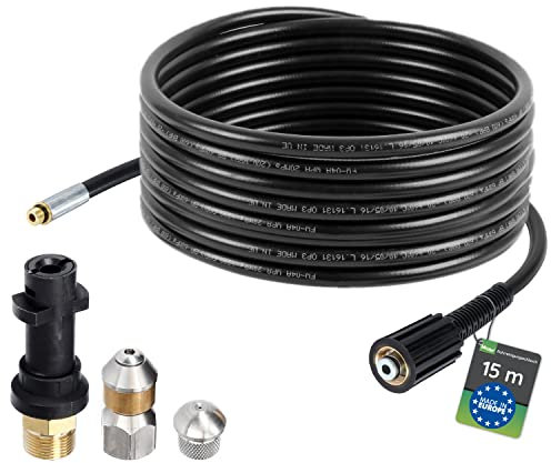 Tubo flessibile per la pulizia dei tubi, 15m, 160-200 bar, adattatore incluso, ugelli rigidi + rotanti, compatibile con le idropulitrici K2, K3, K4, K5, K6, K7