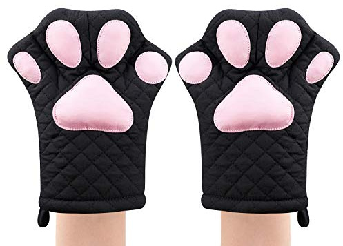 Ofenhandschuhe, Katzen-Design, hitzebeständig, Kochhandschuh, gestepptes Baumwollfutter, hitzebeständige Topflappen-Handschuhe zum Grillen und Backen, Grillhandschuhe, Grill, Mikrowelle (schwarz)