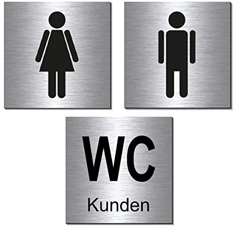 3er Set-WC-Kunden-Toiletten-Bad-Klo-Symbol-Schild 100 x 100 x 3 mm-Aluminium Edelstahloptik silber mattgebürstet Hinweisschild-Warnschild-Set 19