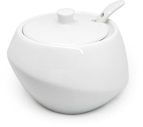 NERTHUS FIH 557 Zuccheriera in porcellana, bianco puro, con coperchio e cucchiaio in porcellana