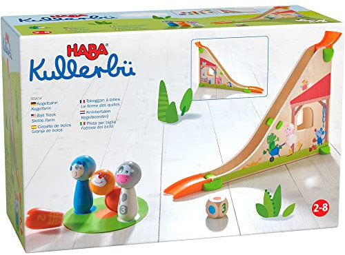 HABA 305414 - Kullerbü – Kugelbahn Kegelfarm, Kugelbahn aus Holz mit Kugelrampe, Klangkugel, Spielwürfel und Kegel-Figuren, Holzspielzeug ab 2 Jahren
