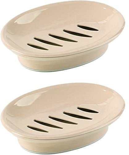 WYOK 2-Pack Soap Dish with Drain Plastic Sponge Holder Easy Cleaning Soap Saver Tray Caddy Keep Dry Stop Mushy for Shower Bathroom Kitchen(Khaki)