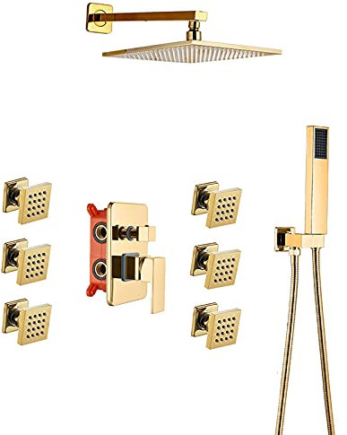 GLYYRLR Duschsystem Gold Duschset mit 6 Massagedüsen, Messing Wand Duscharmatur Regendusche Einhebel Duschsäule Duscharmatur mit Duschkopf, Handbrause,8 Inch