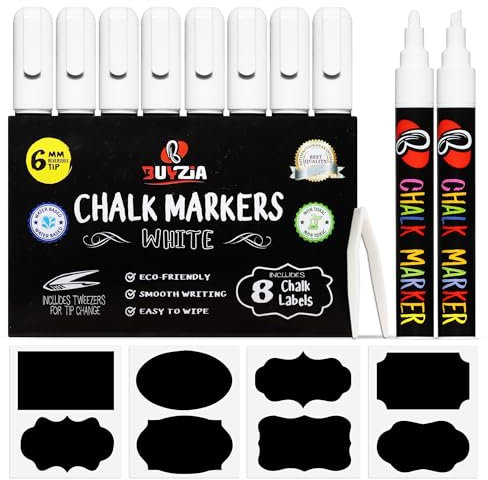 BUYZIA Liquid Chalk Markers - 8 Pack White Chalk Pens, 6mm Reversible Nib - Chalkboard Pens for Blackboards, Windows, Glass, Signs & Art - Wet Wipe Erasable