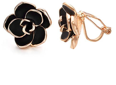 Vissen Boucles d'oreilles Clips Femme Noir Fleur rose Plaqué or Clip oreille non percées Pince Bijoux Femmes