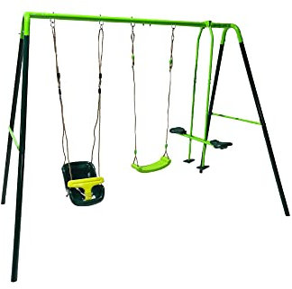 | MASGAMES | Columpio metálico | Anclajes para Suelo de Arena o césped incluidos | Uso doméstico | (GINGO Asientos Planos + Asiento bebé Extra)