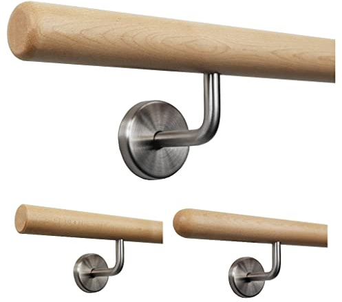 TIBU Handlauf Holz Ahorn Ø 35 mm für Geländer Länge 170 cm + 3 Halter und Enden Radius gefräst