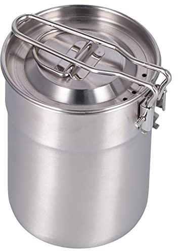 Camping Cooking Pot, 1L Stainless Stee Outdoor Coffee Maker Cup Flat Bottom Camping Cooking Pot with Foldable Handle Lid and Mesh Bag for Hiking