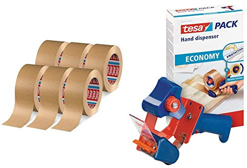 tesa Papier Standard, braun 50m:50mm, weiß, 50mm braun (6 Stück) & Packband Handabroller ECONOMY - robuster Abroller für Paketbänder - Profi-Qualität - Für Klebebänder mit bis zu 50 cm Breite