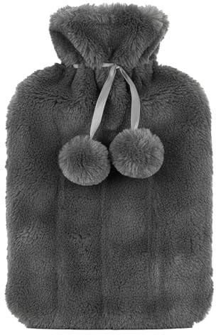 Premium 2 Litre Hot Water Bottle in Dark Grey Faux Fur Cover – Luxury Soft Warm Bottle for Soothing Heat Therapy & Cold Weather Comfort