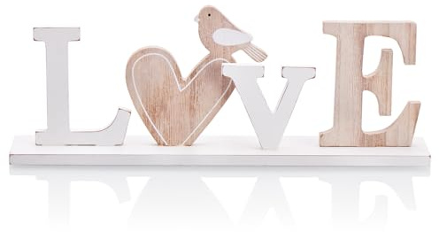 COM-FOUR® Expositor Decorativo de Madera, Love con corazón y pájaro | decoratición - expositor decorativo primavera