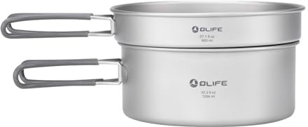 OLIFE 2 Pez Set di pentole da campeggio in titanio, pentole+padelle, manico pieghevole, compatibile con fuoco diretto, adatto per viaggi, escursioni, alpinismo(800 ml + 1250 ml).