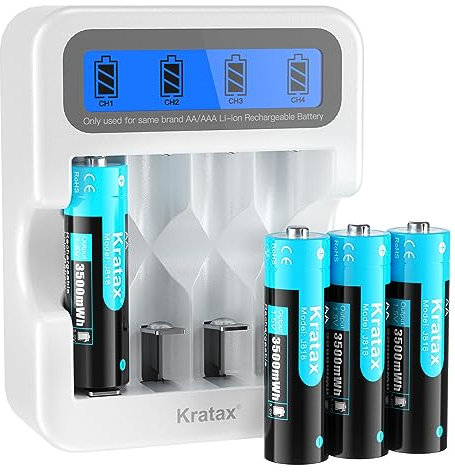 Kratax Wiederaufladbare 1,5V Lithium AA Akku, 3500mWh Hohe Kapazität, 1600 Lange Zyklen, 4 Stück AA Lithium Batterien mit LCD-Ladegerät, Passend für Blink Camera VR/AR Headset Xbox Controller