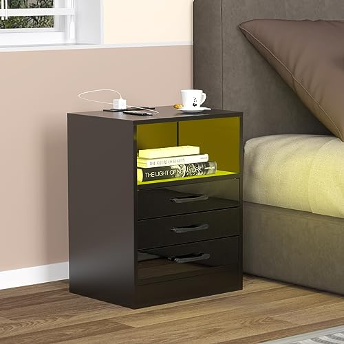Lvhcmfohm Nachttisch mit Steckdose, Nachtschrank Boxspringbett mit Led Licht, Nachtkästchen, Moderner Nachtkommode mit 3 Schubladen und offenes Schließfach (Schwarz, 40x35x60cm)