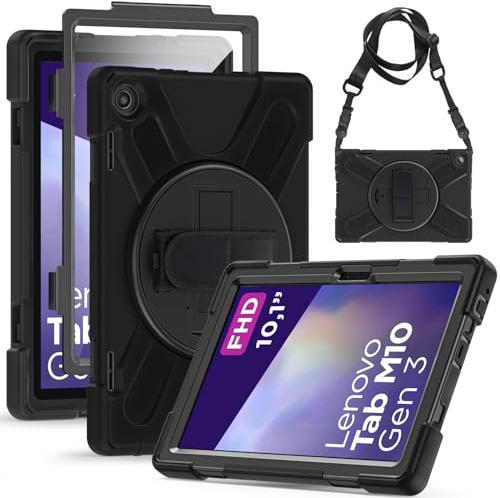 Gerutek Hülle für Lenovo Tab M10 3rd Gen 10,1 Zoll 2022, Stoßfeste Robust Schutzhülle mit Displayschutz, Drehbar Stände Handschlaufe Schultergurt, Panzerhülle für Lenovo M10 3. Gen 10,1, Schwarz