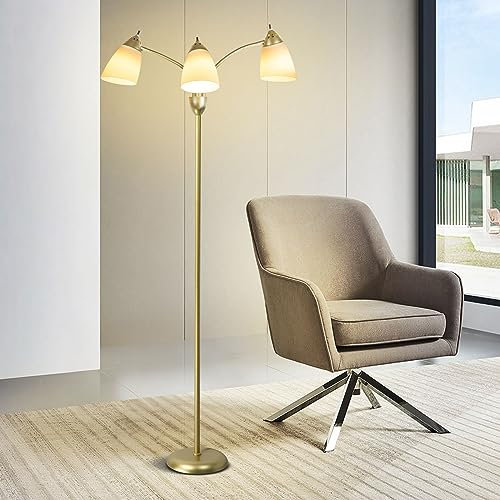 Depuley Lampadaire 3 têtes, lampadaire moderne en forme d'arbre avec bras en col de cygne ajustable, lampe LED sur pied pour la lecture, le salon, la chambre à coucher, doré, base E26