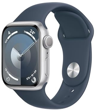 Apple Watch Series 9 GPS 41mm Smartwatch con cassa in alluminio color argento e Cinturino Sport blu tempesta - M/L. Fitness tracker, app Livelli O₂, display Retina always-on, resistente all’acqua