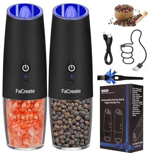 FaCreate Juego de molinillo eléctrico de sal y pimienta recargable por USB, funciona con pilas, salero y pimentero, luz LED ajustable, paquete de 2 unidades (color negro)