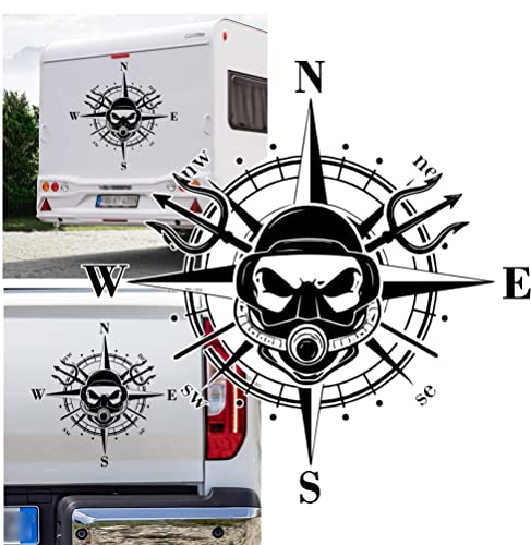 Rakelfix Autocollant boussole plongeur 3 dents Tête de mort Neptune Trident Plongée Autocollant adaptable pour camping-car et voiture Autocollant Rose des vents Camper