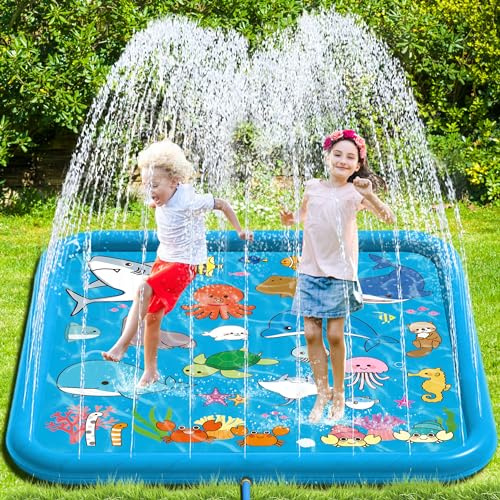 Chennyfun Kids Splash Pad, 68'' Sprinkler & Splash Play Mat | Animals Learning, Summer Garden Outdoor Pool Beach Play, Spray Mat Splash Water Toys, For Toddlers Children Boys Girls