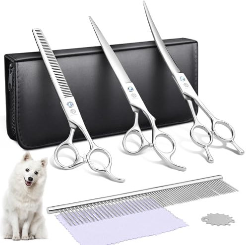 Purple Dragon 8 Hundescheren Set Profi 3 in 1 Fellschere Set für Hunde -Silber Hundeschere Set Gerade, gezahnte und gebogene Scheren sind enthalten Für Hunde für Katzen Und Andere Tiere