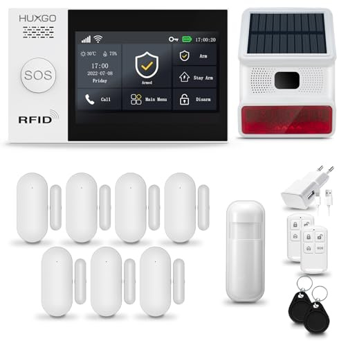 HUXGO® HXA007 Allarme casa senza fili WiFi + GSM 4G con wireless Sirena solare | Kit allarme con 1x rilevatore di movimento, 7x sensori per porte e finestre, telecomando | Compatibile con TUYA