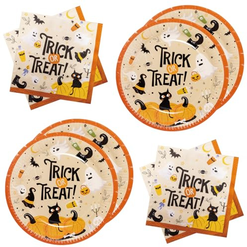 BFB Assiettes en papier d'Halloween Trick or Treat Lot de 40 Assiettes, Serviettes carton jetable Vaisselle de fête