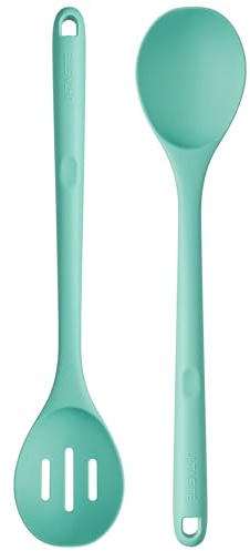 U-Taste Silicone Serving Spoon Set of 2, 315℃ Heat Resistant, Aqua Sky | 33.9cm, Solid & Slotted Large Cooking Spoons, Long Handle Nonstick Seamless Kitchen Utensil for Mixing Stirring Draining