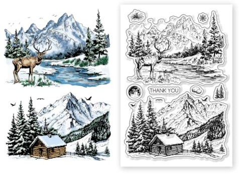 CHGCRAFT Transparente Stempel Mit Schneelandschaftsmotiv Berg Hirsch Haus Baum Hintergrund Transparente Silikon Siegelstempel Für Selbstgemachte Scrapbooking Karten Dekorative Fotoalben