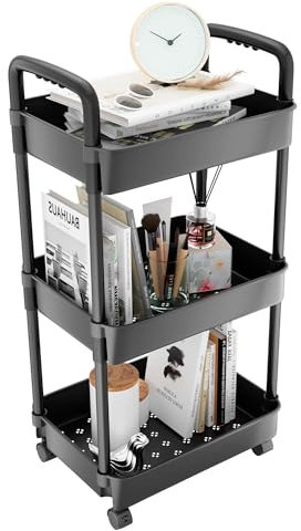 Bonison Rollwagen Küchewagen mit 3 Ebenen, Schwarz Kunststoff Servierwagen Abschließbare mit Rollen Aufbewahrungswagen für Küche Make-up Badezimmer Büro