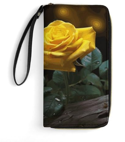 LKHDS Kleine Ledertasche mit Handgelenk, schöne gelbe Rosen, bedruckt, echtes Leder, Geldbörse für Damen und Herren, exquisite und personalisierte tragbare Geldbörse, weiß, 19,7 x 10,5 cm, weiß,