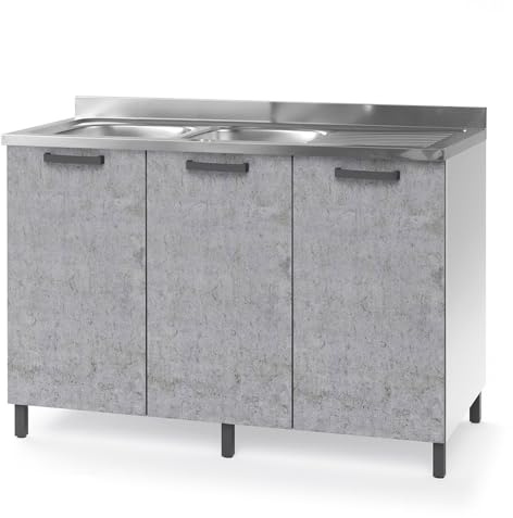 REDÒKASA Sottolavello per cucina componibile da 120 cm con tre ante, realizzata in legno 100% MADE IN ITALY (Con Lavello Vasche a Sinistra, Cemento)