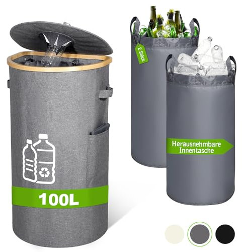 Deposit Bottle Storage Bin Collection with Lid & Handle, 100L Deposit Bottle Container 2 Carrying Bags, Bamboo Bottle Storage Collector Organiser Kitchen Recycling Bin, Empty Bottle Storage Box, Gray